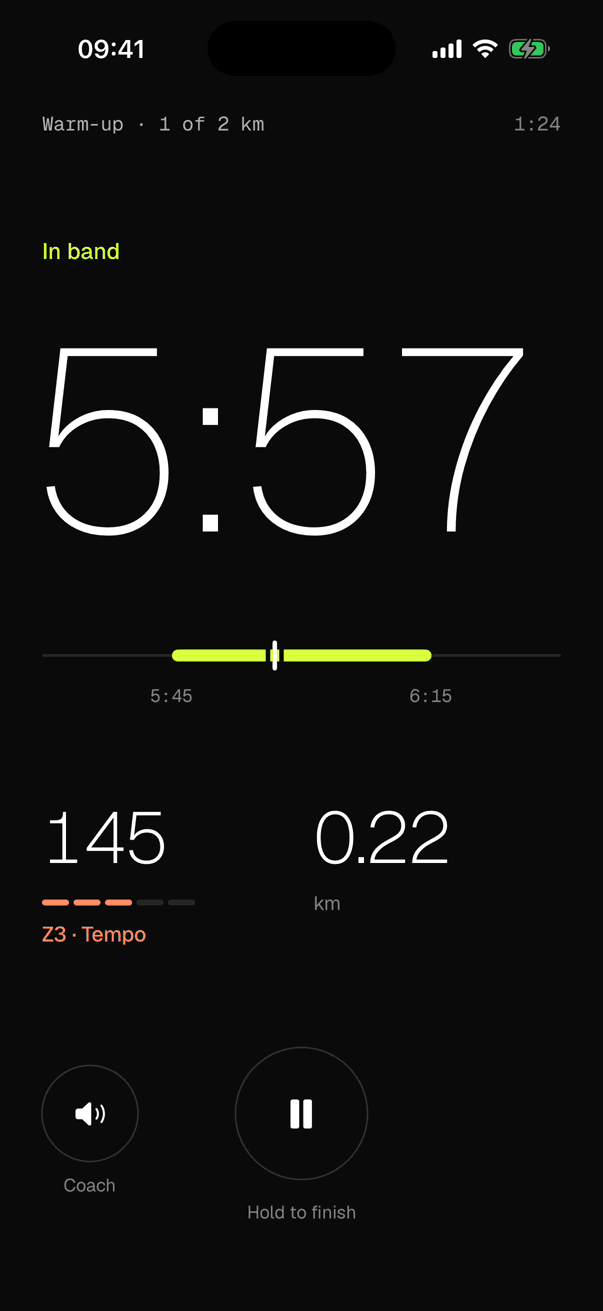 ZoneTempo live run screen: In band, 5:57 min/km on a 5:45–6:15 target band, heart rate 145 in zone 3