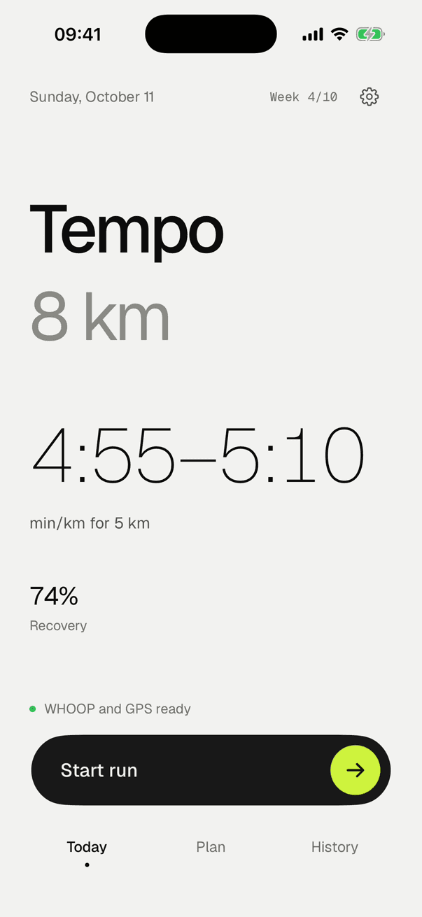 ZoneTempo Today screen: Tempo 8 km at 4:55–5:10 min/km, 74% recovery, WHOOP and GPS ready, Start run button